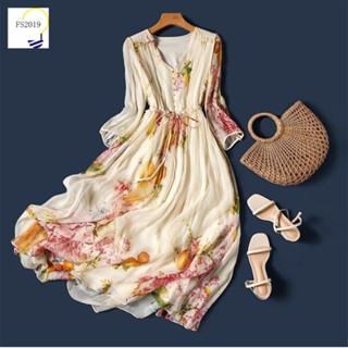 2023 Super Fada Chiffon Linha A Vestido Lady Long Dress Vintage Feminino Com Decote Em V Temperamento Simulação De Falso Seda