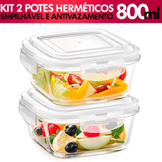 2 Potes De Vidro Hermetico Quadrado 800 ML Tampa De Plastico Marmita Fitness Guardar Comida Para Freezer E Microondas em Oferta na Shopee