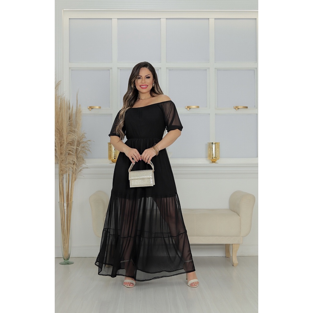 Vestido Feminino Longo Ombro a Ombro em Tule Preto Três Marias Moda Evangélica