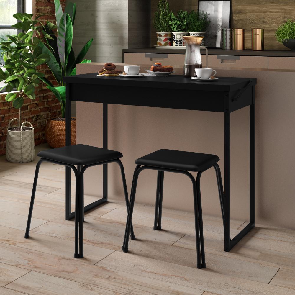 Conjunto Mesa Dobrável com 2 Banquetas Preto Carraro em Oferta na Shopee