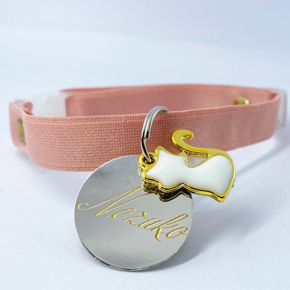 Coleira Elástico com Plaqueta Identificação Personalizado Nome e Telefone Para Gatos