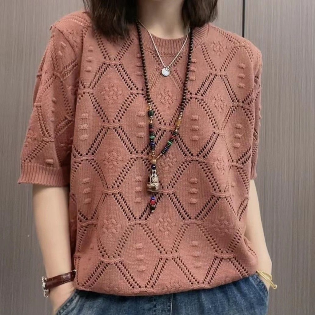 Top Tricotado Mais Camisa De Manga Curta De Moda Casual Feminina De Verão