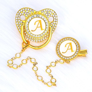 Nome Inicial Gold Bling Carta Baby Pacifier E Clip Alphabet Letra Infant Exclusivo Shower Gifts