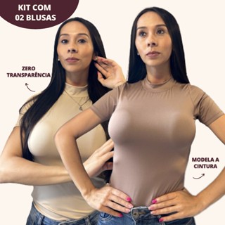 Kit Com 2 Blusas de Manga Curta e Gola Alta. Blusinha Segunda Pele, Tecnologia Modela Cintura e Anti-Odor.