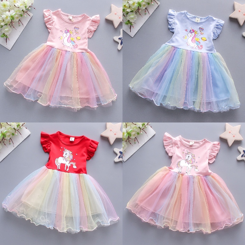 Vestido De Verão Bebê De Menina Estilo Coreano Princesa Unicórnio Festa De Aniversário Em Malha Colorida