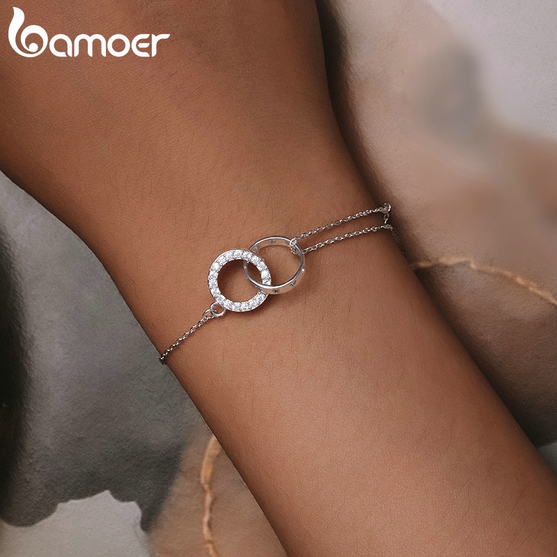 Detalhes do BAMOER 925 Sterling Silver Double Link Bracelete De Prata Duplo Presentes De Moda Jóias Para Mulheres