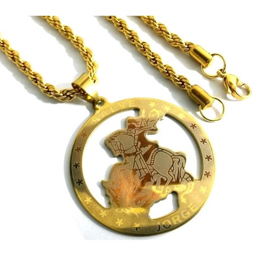 Pingente São Jorge + Cordão 70cm + Pulseira Aço Inox Banhado