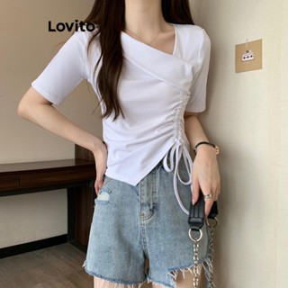 Lovito Camiseta Franzida e Cordão Assimétrico para Mulheres LNE19058 (Branco)