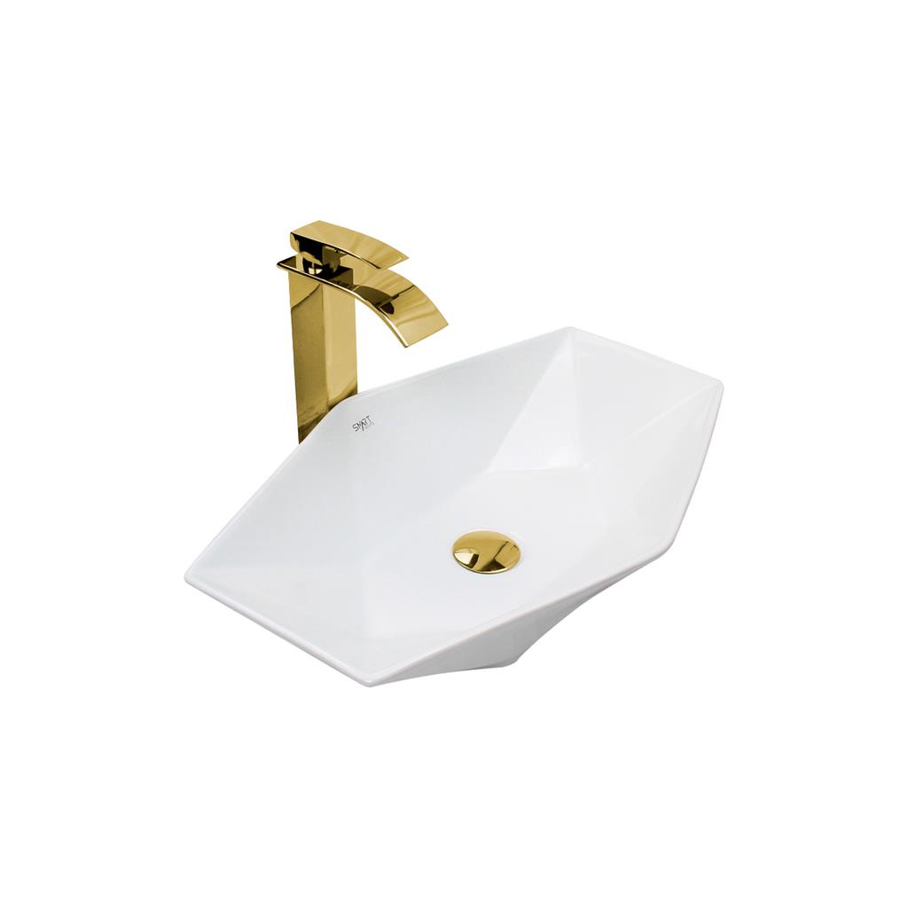 Kit Cuba Pia Louca Ceramica Banheiro Com Torneira e Válvula Dourada 73