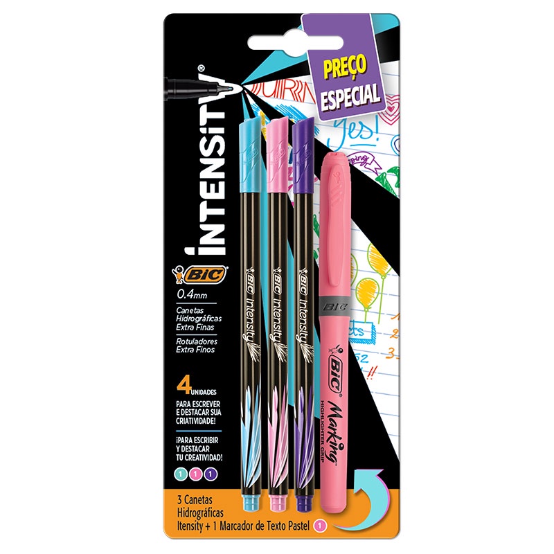 Kit escrita Intensity marca texto Rosa com 4 itens 971237 Bic