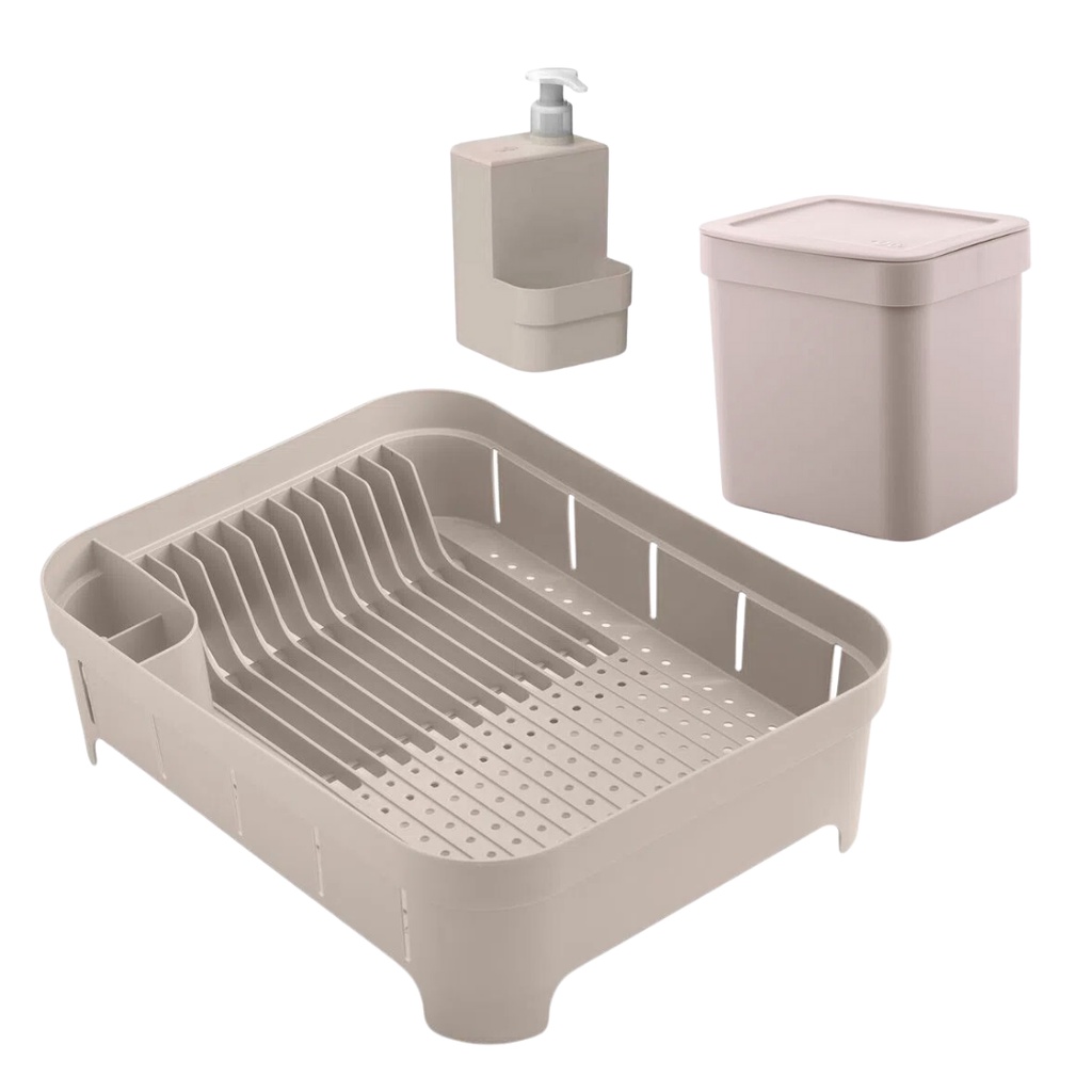 Kit Organizador de Pia Bancada Cozinha 3pcs Conjunto Escorredor Louças Porta Detergente Lixeira Ou - Home & Living