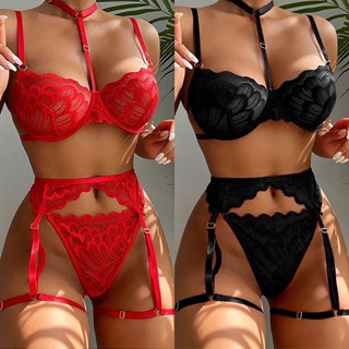 Conjunto Langerie Sexy Renda com Cinta Liga Gladiadora Sensual Fio Dental Luxo Lingerie