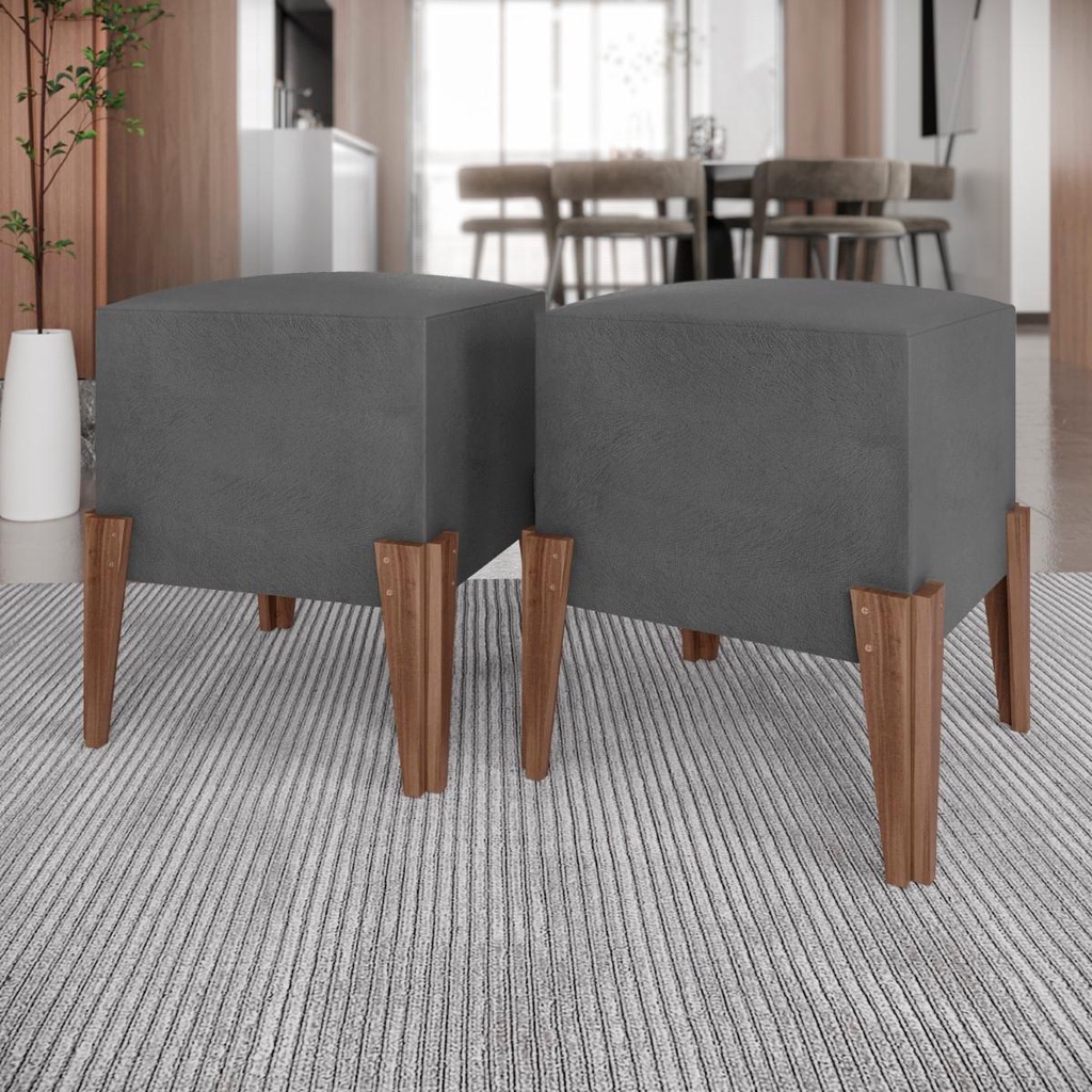 Kit Puff Estofado Tecido Suede com Pés em Madeira Maciça - Home & Living