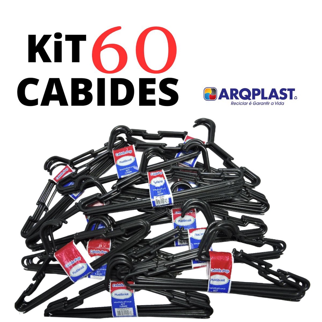 Kit 60 Cabides Redondos Preto Adulto Plastibrasil