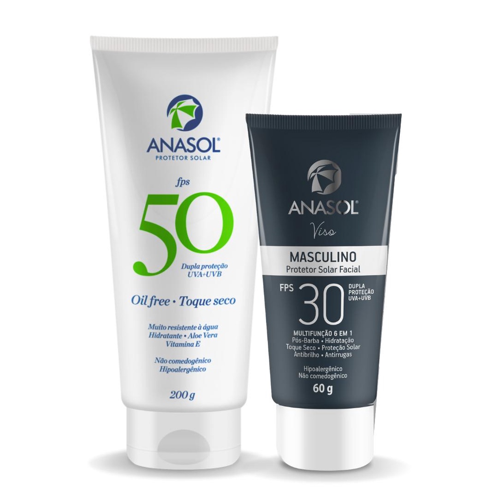 KIT PROTETOR FACIAL ANASOL MASCULINO FPS 60 60G + CORPORAL FPS 50 TOQUE SECO 200G