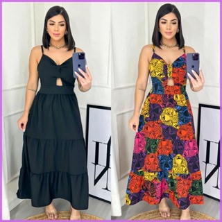 Vestido Midi Feminino Decotado Com Alcinha Ajustável e Bojo