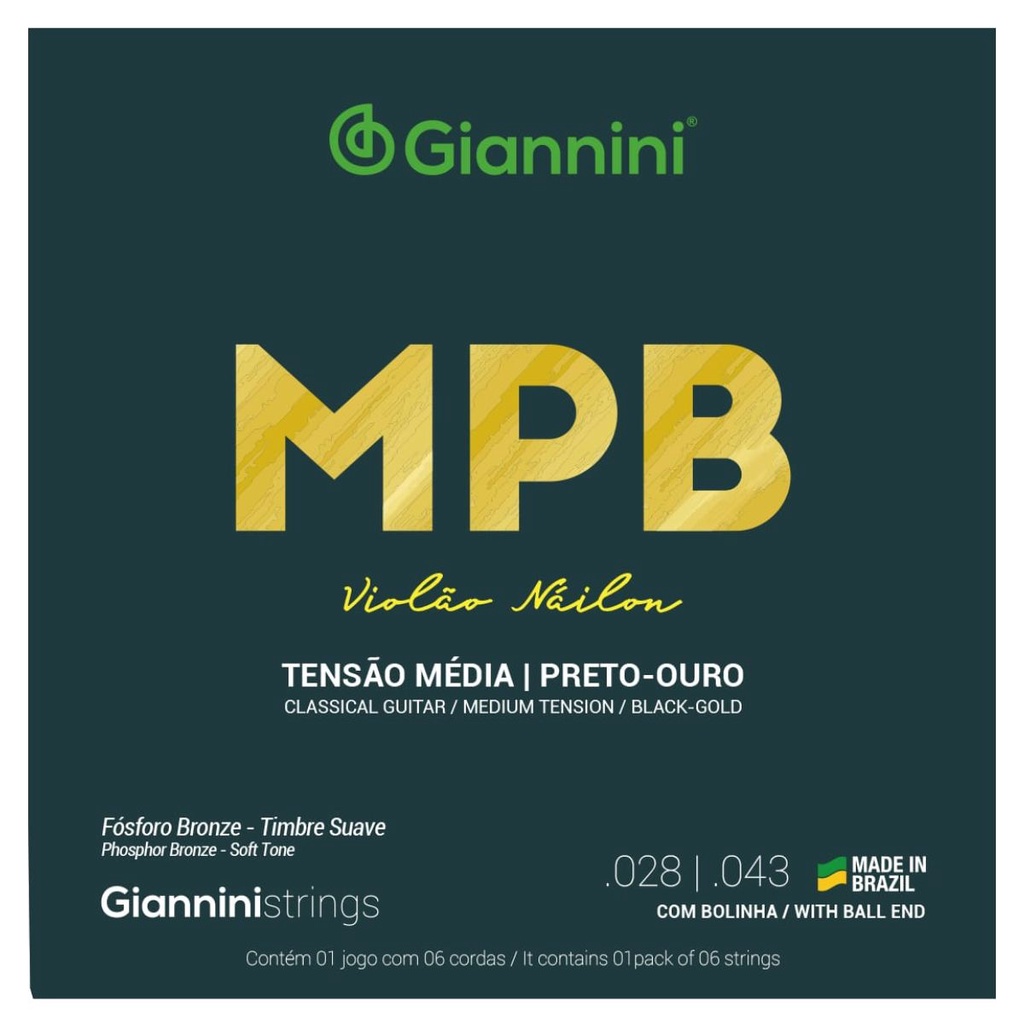 Kit 2 Encordoamento Violão Giannini MPB Nylon GENWBG Fósforo Bronze Média