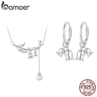 Bamoer 925 Sterling Silver Flower Jewelry Set Lírio Do Vale Colar De Jóias Estilo Brincos Para Presentes Femininos