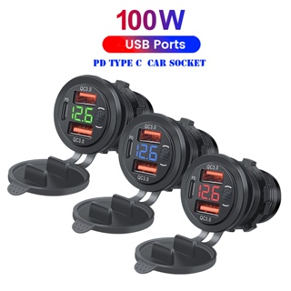 Tomada De Carregador USB De 100W 12V/24V Carga Rápida Dupla De 18W 3.0 & 20W PD-C Para Motocicleta De Carro Com Voltímetro E Interruptor De Alimentação em Oferta na Shopee