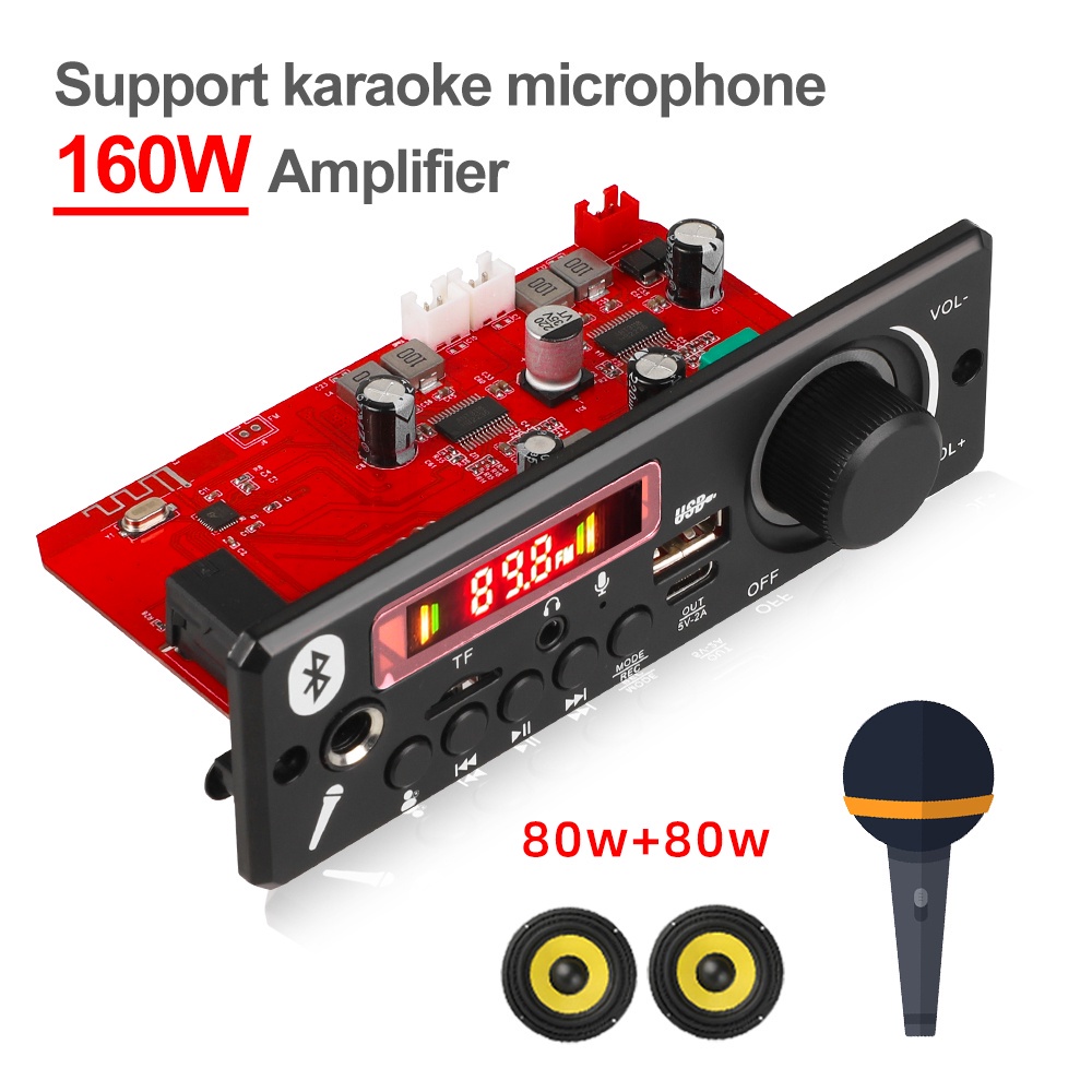 Amplificador De 2 * 80W Placa Decodificadora MP3 Bluetooth De 160W De 12V DIY MP3 Player Carro Módulo De Rádio FM TF USB Microfone Gravação Mãos-Livres Chamada