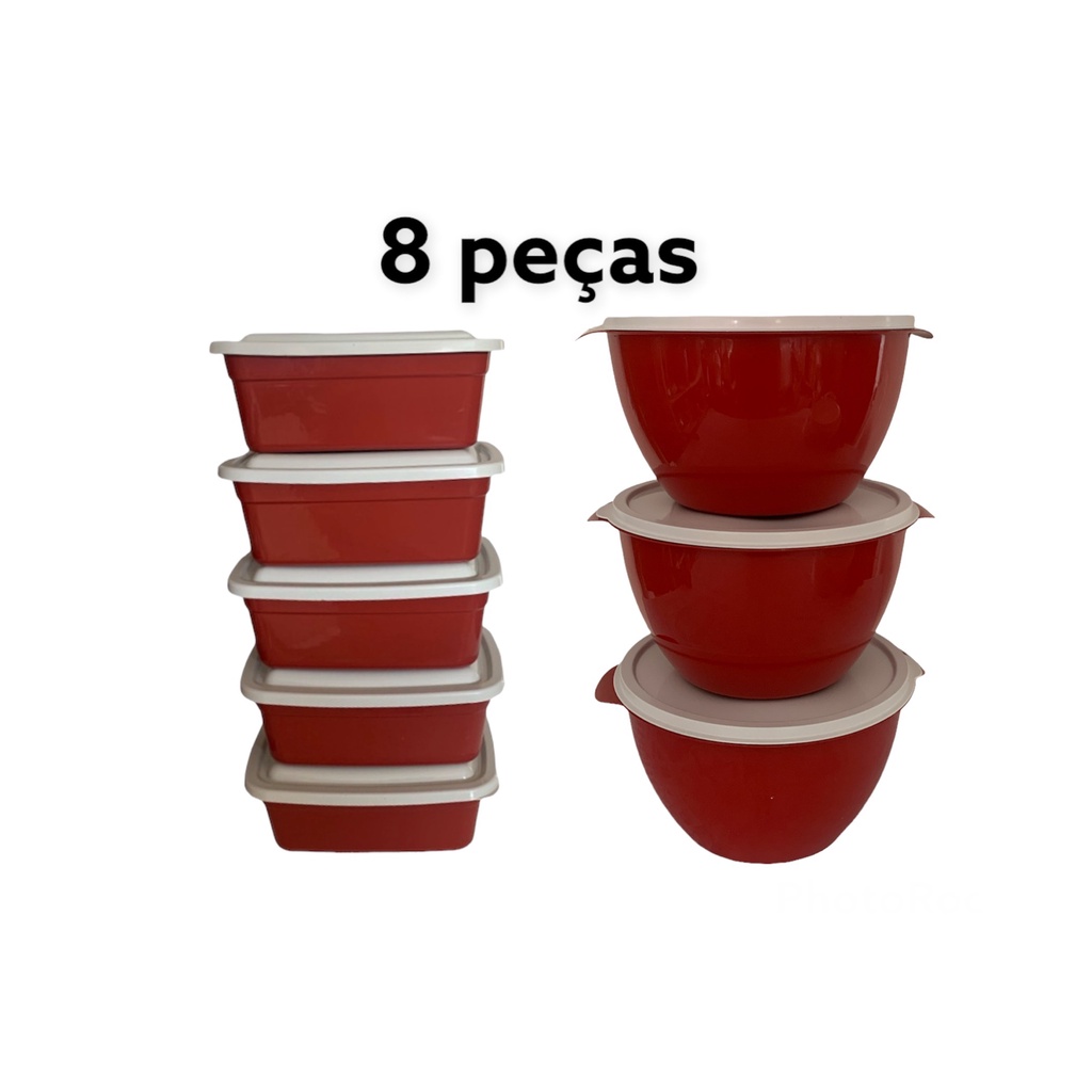 Kit 8 Vasilhas com tampa 5 potes  retangulares de 1 Litro + 3 Saladeiras de 3 litros porta mantimento cozinha freezer microondas