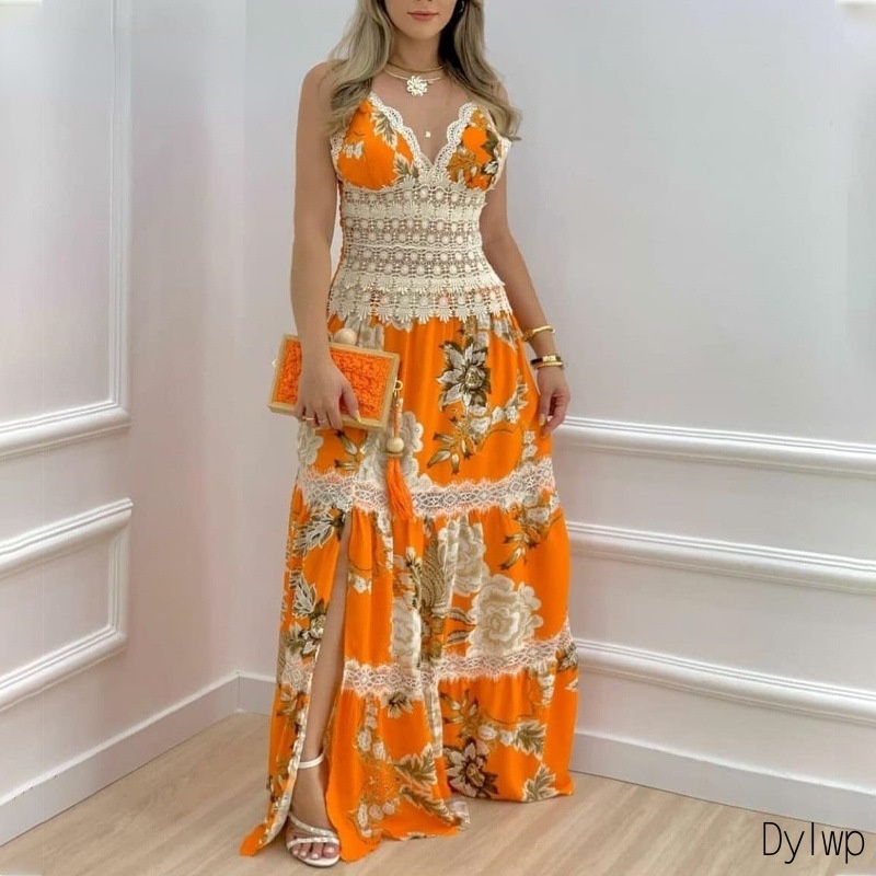 Vestido Social Feminino De Verão Sexy Com Decote Em V De Vestido Maxi Renda