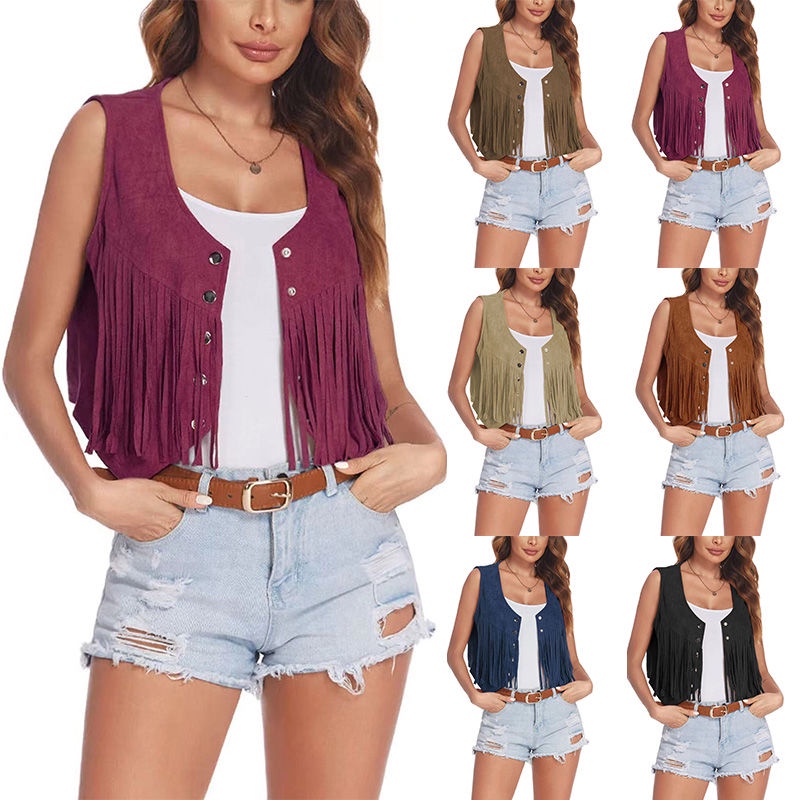 2023 novo europeu americano fluxo colete roupas superiores comércio exterior AliExpress camurça xale jaqueta feminina co