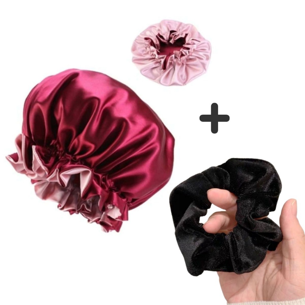Touca de Cetim Dupla Face Ajustável + Xuxinha Scrunchies de Veludo Elástico De Cabelo em Oferta na Shopee