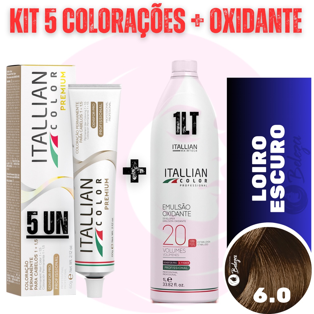Kit 5 Tinta De Cabelo 6.0 Louro Escuro Itallian Color + Ox20