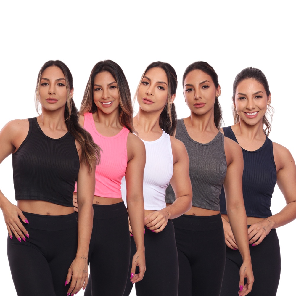 Kit 5 Top Cropped Regata Canelado Feminino Lisa Blusa Blusinha Básica Treino Academia