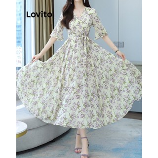 Lovito Casual Vestido com Amarração, Babado e Cinto para Mulheres LNE20042 (Off White)