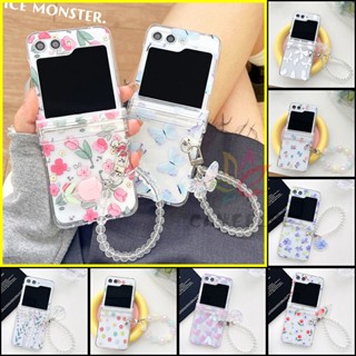 Desenho Animado Lindo Love Heart Flowers Carcaça Transparente Samsung Galaxy Z Flip 5 4 3 Bead Bracelet Proteção À Prova De Choque Caixa Para Telefone