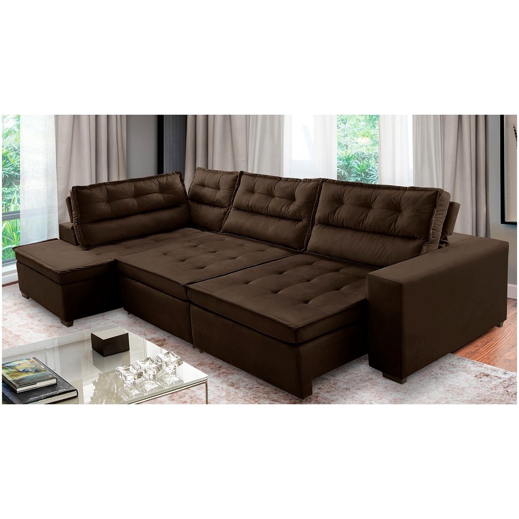 Sofá de Canto Retrátil e Reclinável com Molas 3,00x2,00 Esq Virginia Suede Marrom Adonai Estofados - Home & Living