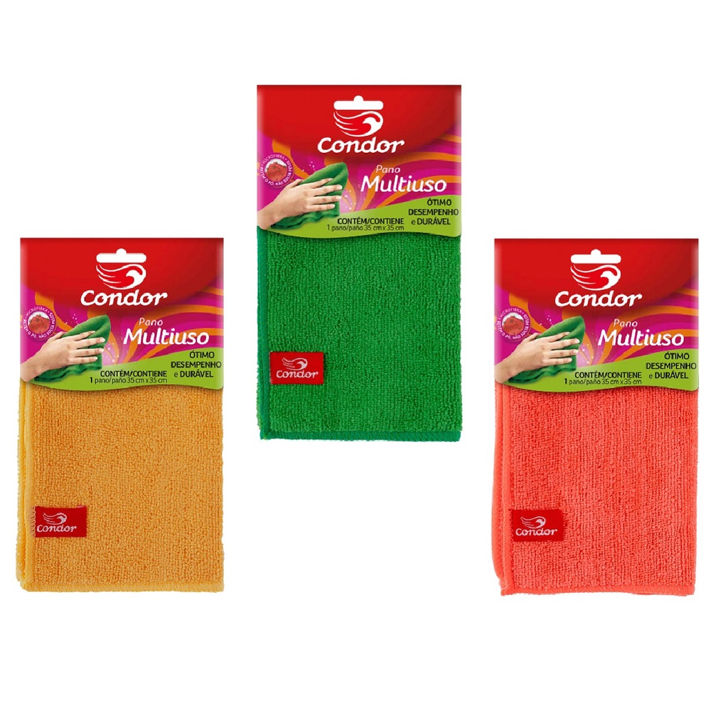 Panos Multiuso Microfibra 35x35 Kit C/ 3 Cores (Amarelo, Verde e Laranja) Condor