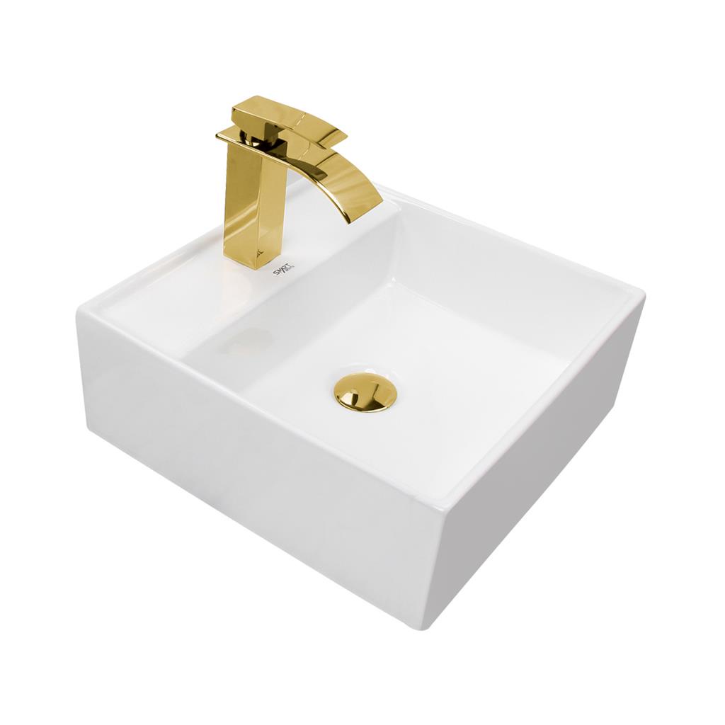 Kit Cuba Pia Louca Ceramica Banheiro Com Torneira e Válvula Dourada14