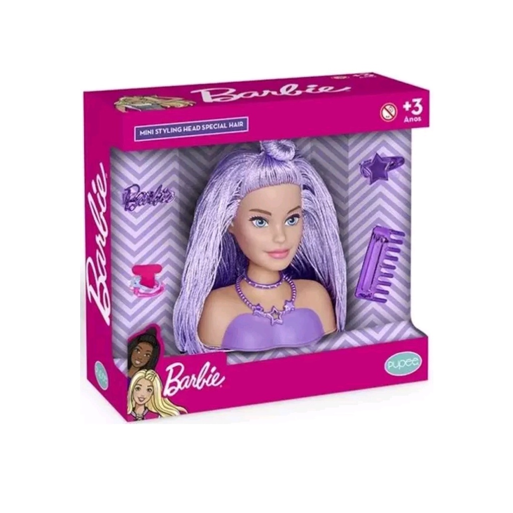 Busto Barbie Mini Styling Head Special Hair Cabelo de Tricô 15cm - Pupee ref. 1214