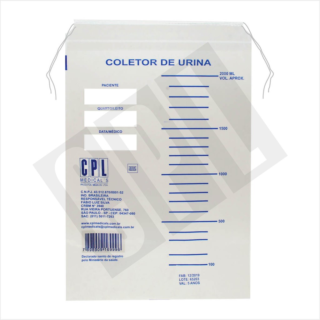 SACO Coletor de Urina Descartável - 2000ml - CPL Medicals PACOTE COM 100