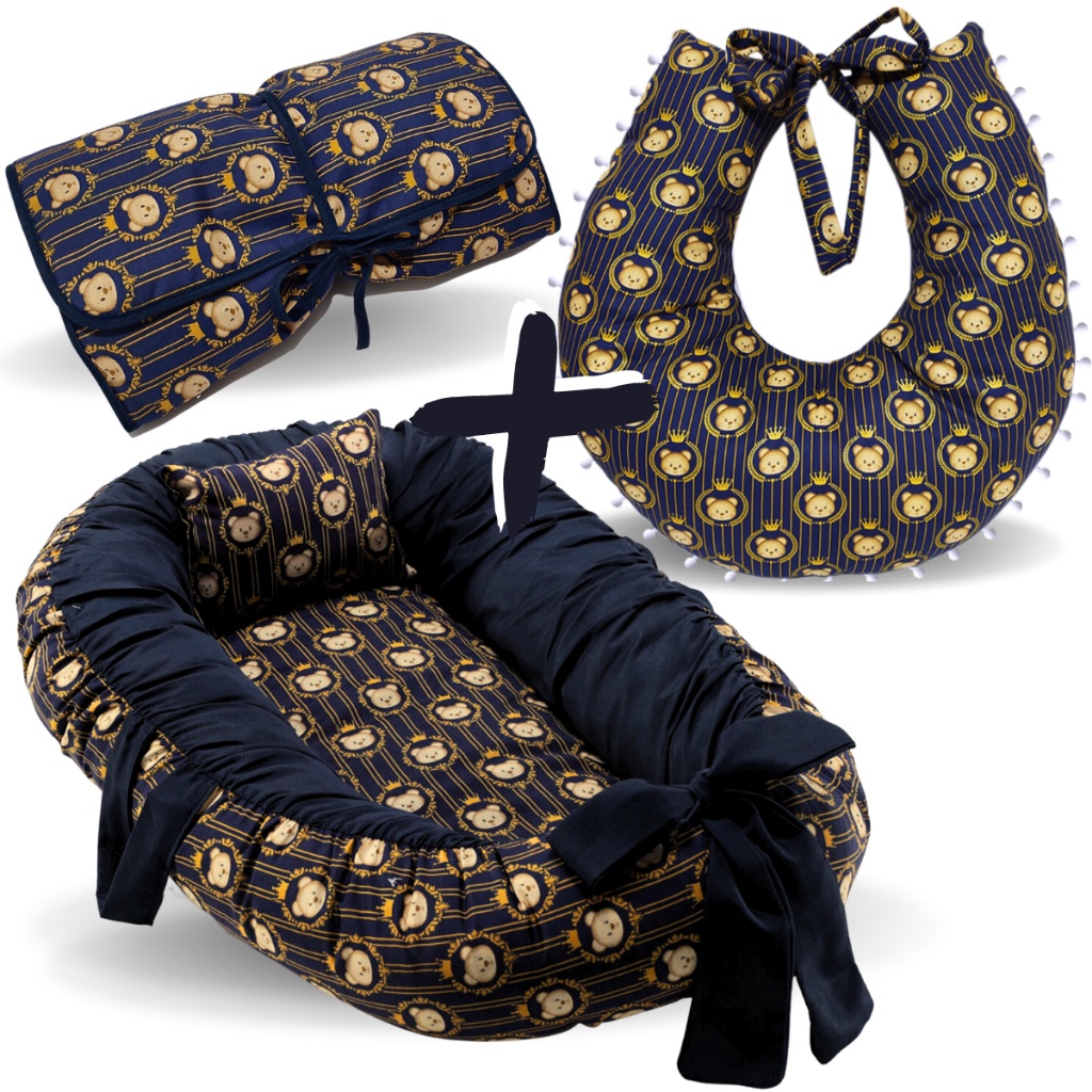 Kit Ninho Redutor para Berço + Almofada Amamentação para Amamentar + Trocador Portatil Porta Fralda Impermeável Dobrável 100% Algodão Estampa Urso Thed Menino