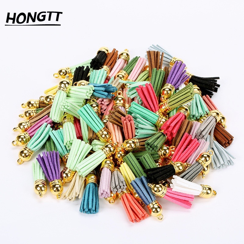 20 Pcs 38mm Encantos Borla De Couro Ouro Cap Brinco Franja Chaveiro Pingente Cintas Borlas De Camurça