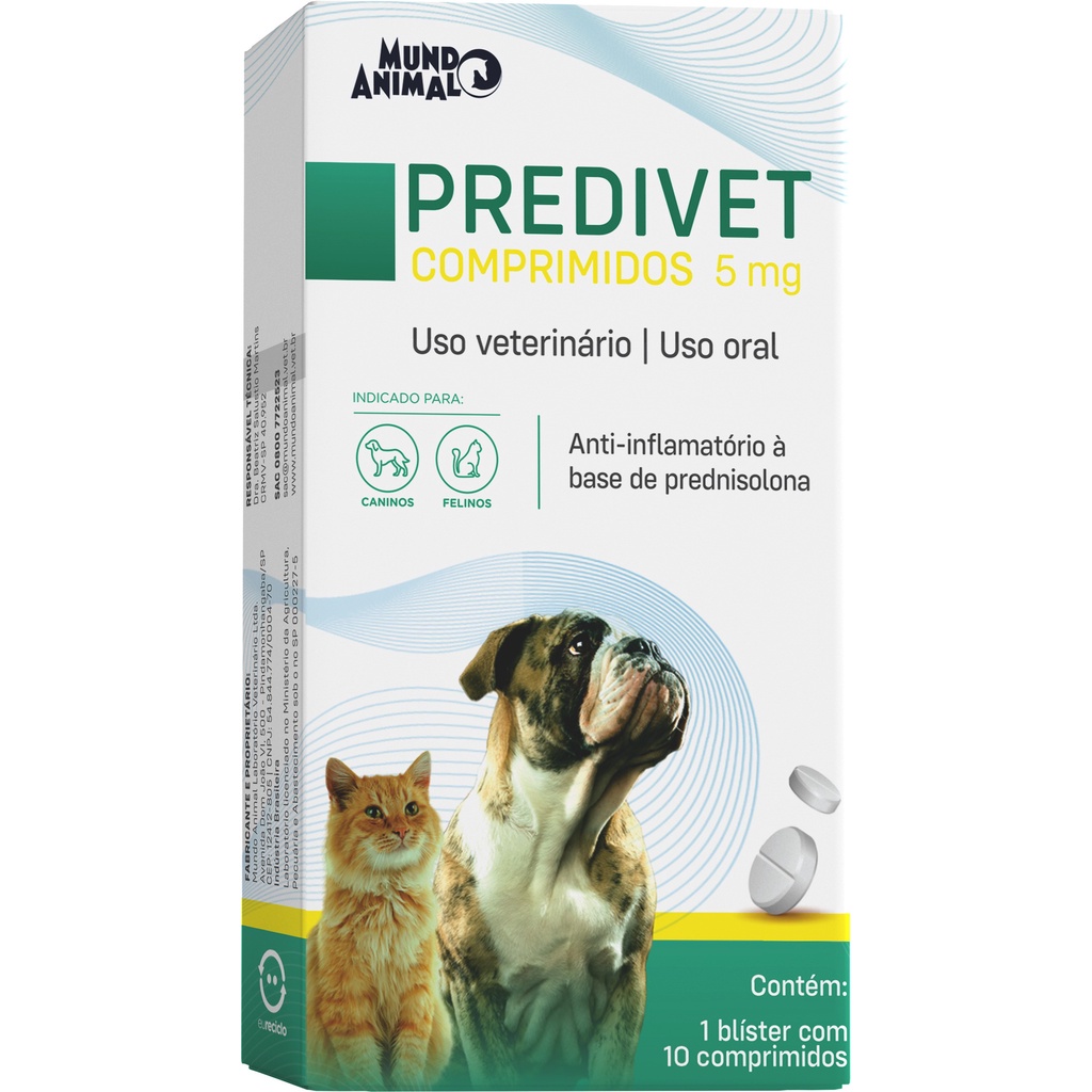 Predivet 5mg Anti-inflamatório Para Cães e Gatos Mundo Animal 10 Comprimidos - Pets