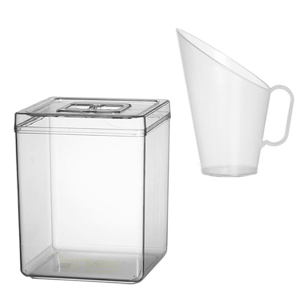 KIT - 1 POTE EM ACRILICO P/ GRANEL CEREAIS ALIMENTOS RETANGULAR 15L C/ TAMPA + 1 CONCHA