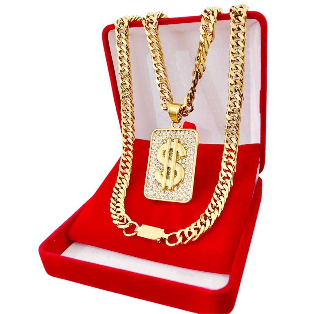 Cifrão Cravejado  + Corrente Elos Duplos Grossa Banhado a Ouro 18k em Oferta na Shopee