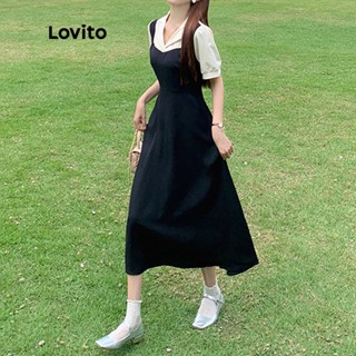 Lovito Vestido Midi A-Line de Manga Curta com Blocos de Cor para Mulheres LNE09190 (Preto e Branco)