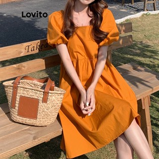 Lovito Casual Vestido Feminino Liso Mini Evasê de Manga Curta com Zíper LNE15154 (Laranja Queimado)