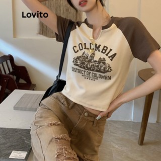 Lovito Camiseta com Estampa de Paisagem e Decote em V para Mulheres LNA09283 (Alperce)