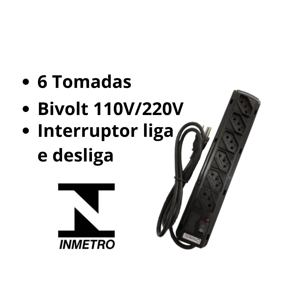 Filtro de Linha Kitec 5 Metros 6 tomadas Régua Extensão tripolar 10 Amperes com fusível ABS