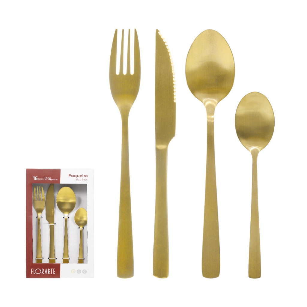 Faqueiro Jogo de Talheres Kit 16 Peças Aço Inox  Dourado Talher Mesa Luxo - Home & Living