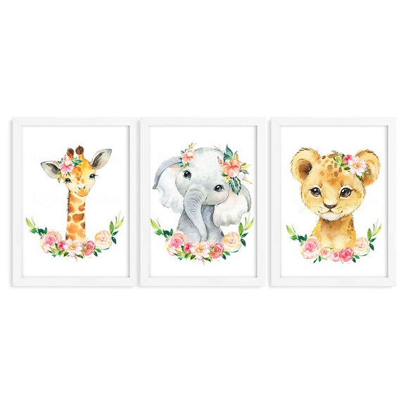 Kit 3 Quadros infantil Menina Savana aquarela 20x30 cada peça elefante onça girafa