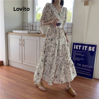 Lovito Vestido com Manga Curta e Camadas Duplas para Mulheres LNE09235 (Multi-Cor)