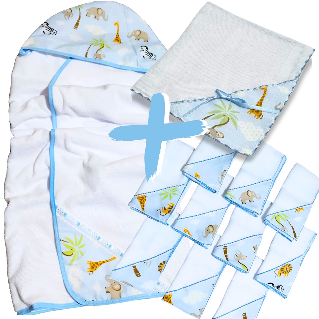 Toalha de Banho Bebe Dupla Camada com Capuz e Forro Fralda + 6 Pano de Boca Bebe + 1 Manta Fralda em Oferta na Shopee